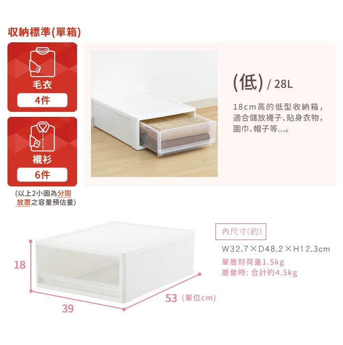 【日本JEJ】多功能單層抽屜收納箱(低)-單層28L-3入